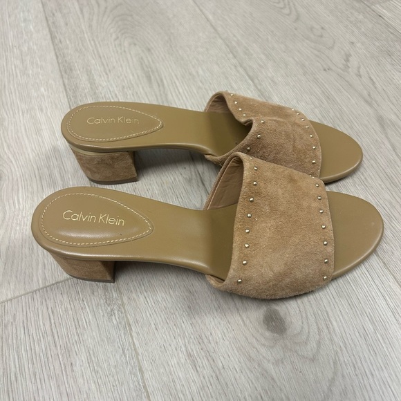 Calvin Klein Suede Tan Stud Mules - Picture 2 of 5